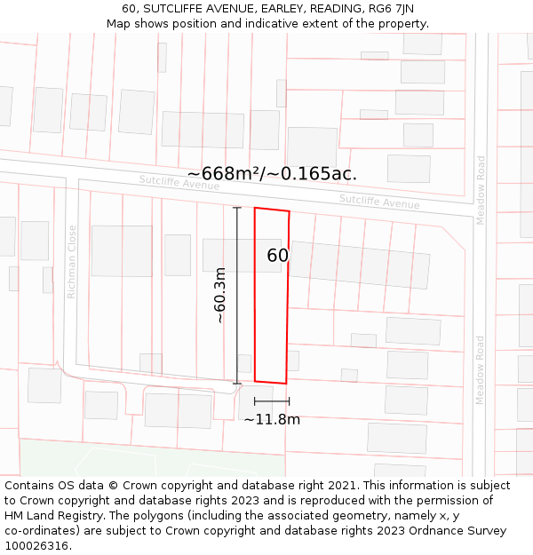 60, SUTCLIFFE AVENUE, EARLEY, READING, RG6 7JN: Plot and title map