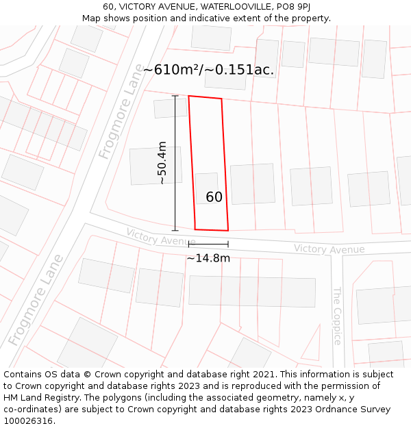 60, VICTORY AVENUE, WATERLOOVILLE, PO8 9PJ: Plot and title map