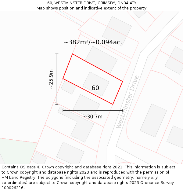 60, WESTMINSTER DRIVE, GRIMSBY, DN34 4TY: Plot and title map