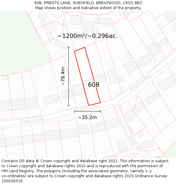 60B, PRIESTS LANE, SHENFIELD, BRENTWOOD, CM15 8BZ: Plot and title map