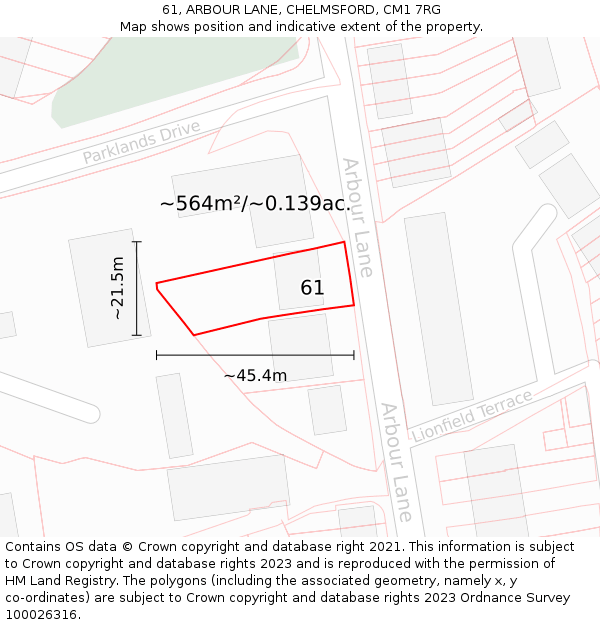 61, ARBOUR LANE, CHELMSFORD, CM1 7RG: Plot and title map