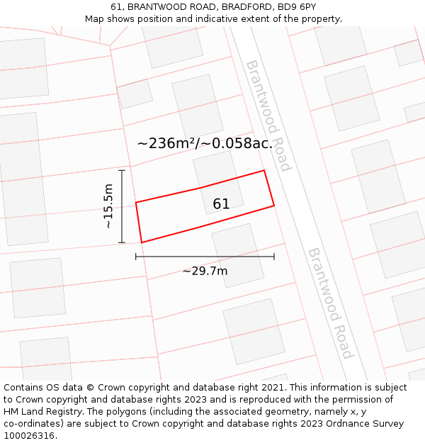 61, BRANTWOOD ROAD, BRADFORD, BD9 6PY: Plot and title map