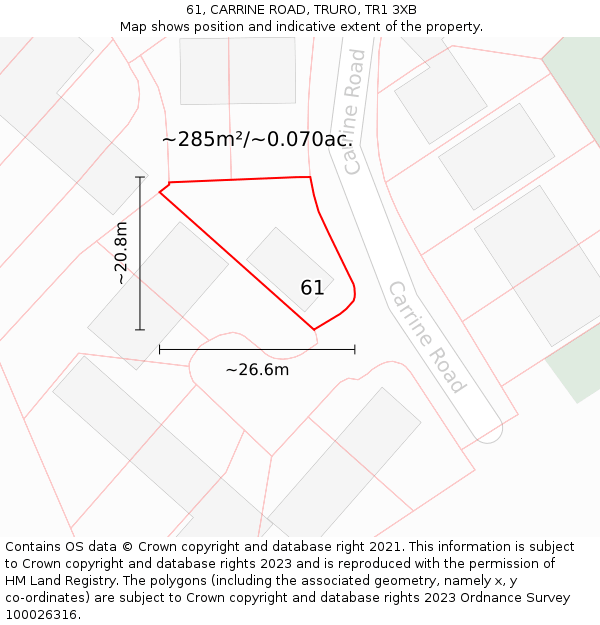 61, CARRINE ROAD, TRURO, TR1 3XB: Plot and title map