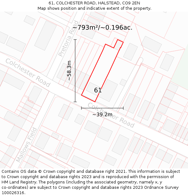 61, COLCHESTER ROAD, HALSTEAD, CO9 2EN: Plot and title map