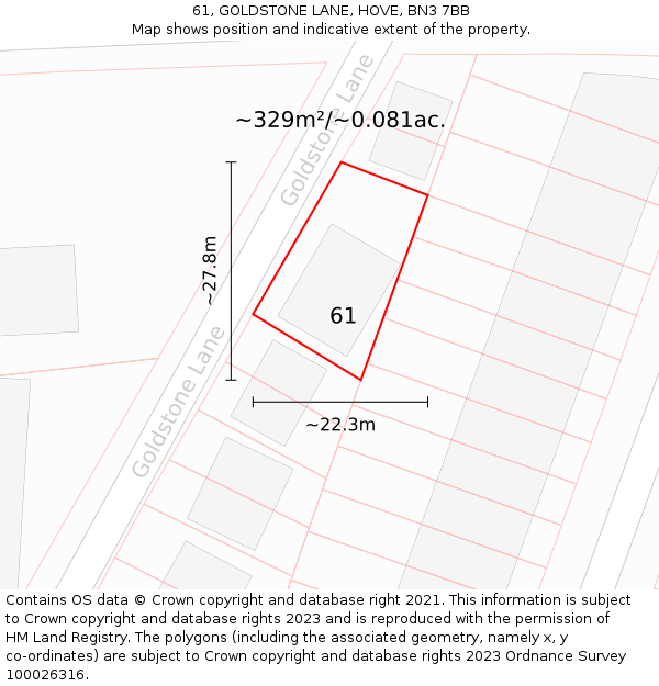 61, GOLDSTONE LANE, HOVE, BN3 7BB: Plot and title map