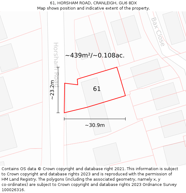 61, HORSHAM ROAD, CRANLEIGH, GU6 8DX: Plot and title map