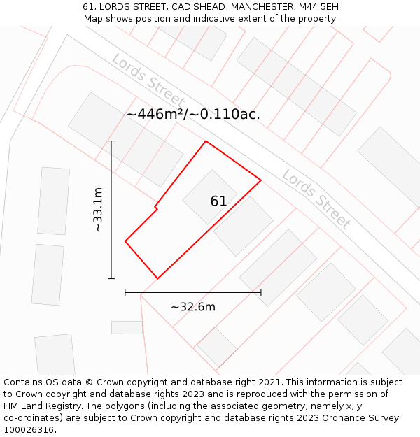 61, LORDS STREET, CADISHEAD, MANCHESTER, M44 5EH: Plot and title map