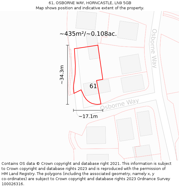 61, OSBORNE WAY, HORNCASTLE, LN9 5GB: Plot and title map