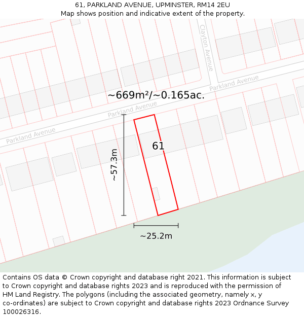 61, PARKLAND AVENUE, UPMINSTER, RM14 2EU: Plot and title map