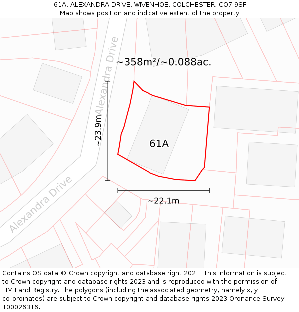 61A, ALEXANDRA DRIVE, WIVENHOE, COLCHESTER, CO7 9SF: Plot and title map