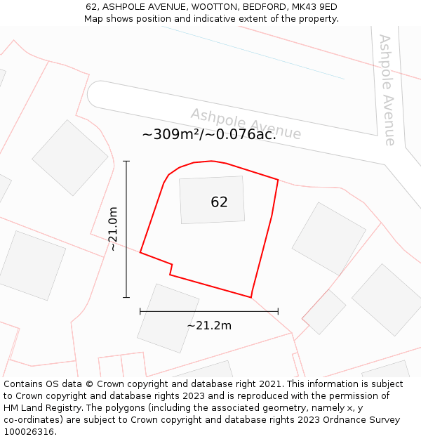 62, ASHPOLE AVENUE, WOOTTON, BEDFORD, MK43 9ED: Plot and title map