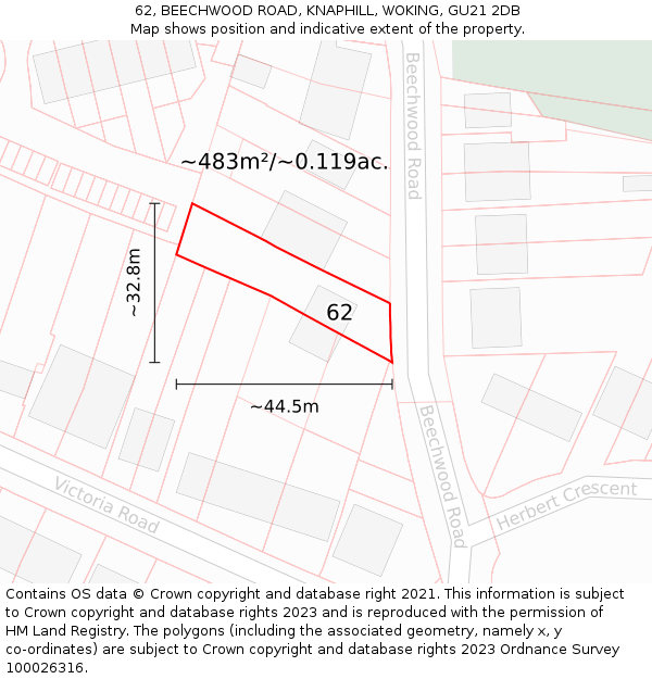 62, BEECHWOOD ROAD, KNAPHILL, WOKING, GU21 2DB: Plot and title map