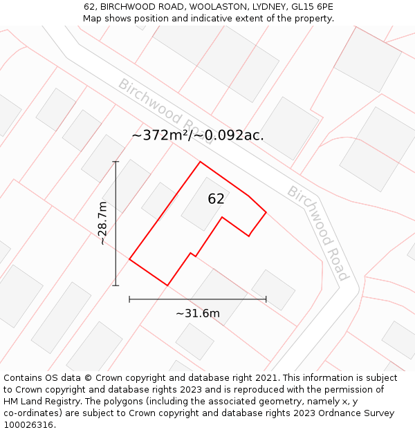 62, BIRCHWOOD ROAD, WOOLASTON, LYDNEY, GL15 6PE: Plot and title map