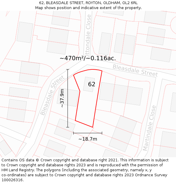 62, BLEASDALE STREET, ROYTON, OLDHAM, OL2 6RL: Plot and title map