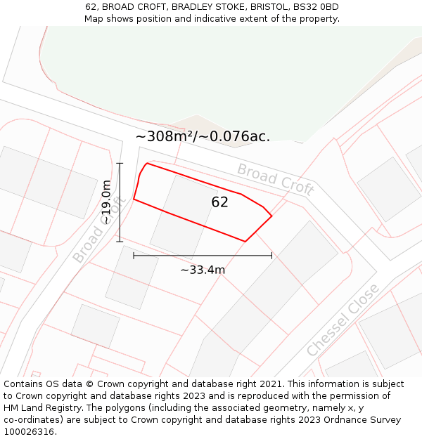 62, BROAD CROFT, BRADLEY STOKE, BRISTOL, BS32 0BD: Plot and title map