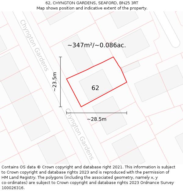 62, CHYNGTON GARDENS, SEAFORD, BN25 3RT: Plot and title map