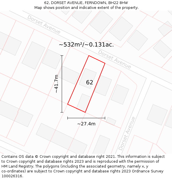 62, DORSET AVENUE, FERNDOWN, BH22 8HW: Plot and title map