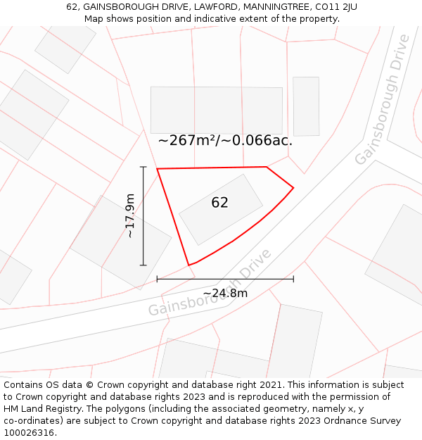 62, GAINSBOROUGH DRIVE, LAWFORD, MANNINGTREE, CO11 2JU: Plot and title map