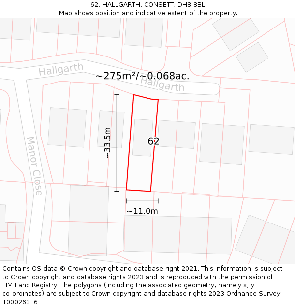 62, HALLGARTH, CONSETT, DH8 8BL: Plot and title map