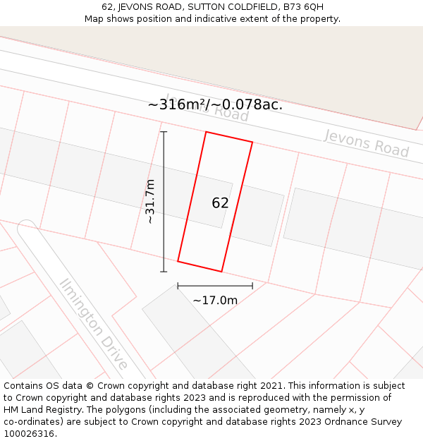 62, JEVONS ROAD, SUTTON COLDFIELD, B73 6QH: Plot and title map