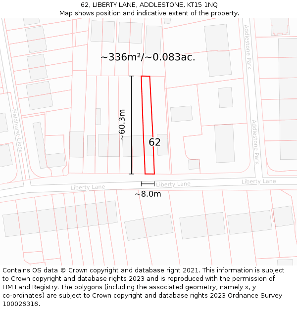 62, LIBERTY LANE, ADDLESTONE, KT15 1NQ: Plot and title map