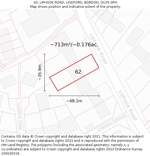 62, LIPHOOK ROAD, LINDFORD, BORDON, GU35 0PN: Plot and title map