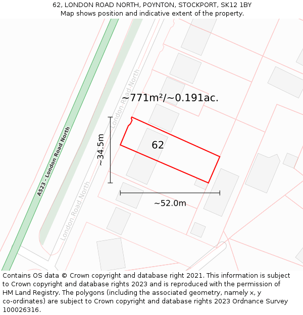 62, LONDON ROAD NORTH, POYNTON, STOCKPORT, SK12 1BY: Plot and title map