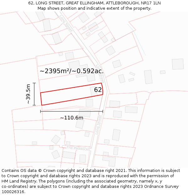 62, LONG STREET, GREAT ELLINGHAM, ATTLEBOROUGH, NR17 1LN: Plot and title map