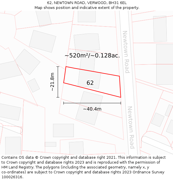 62, NEWTOWN ROAD, VERWOOD, BH31 6EL: Plot and title map