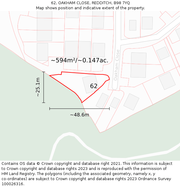 62, OAKHAM CLOSE, REDDITCH, B98 7YQ: Plot and title map