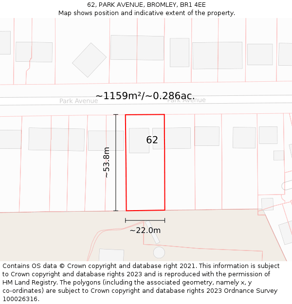 62, PARK AVENUE, BROMLEY, BR1 4EE: Plot and title map