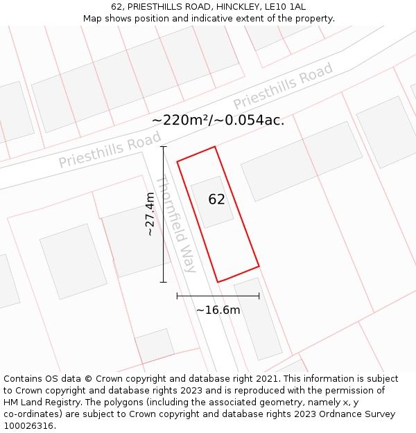 62, PRIESTHILLS ROAD, HINCKLEY, LE10 1AL: Plot and title map