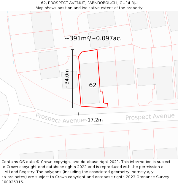 62, PROSPECT AVENUE, FARNBOROUGH, GU14 8JU: Plot and title map