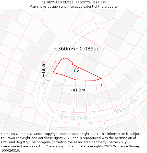 62, REYNARD CLOSE, REDDITCH, B97 6PY: Plot and title map
