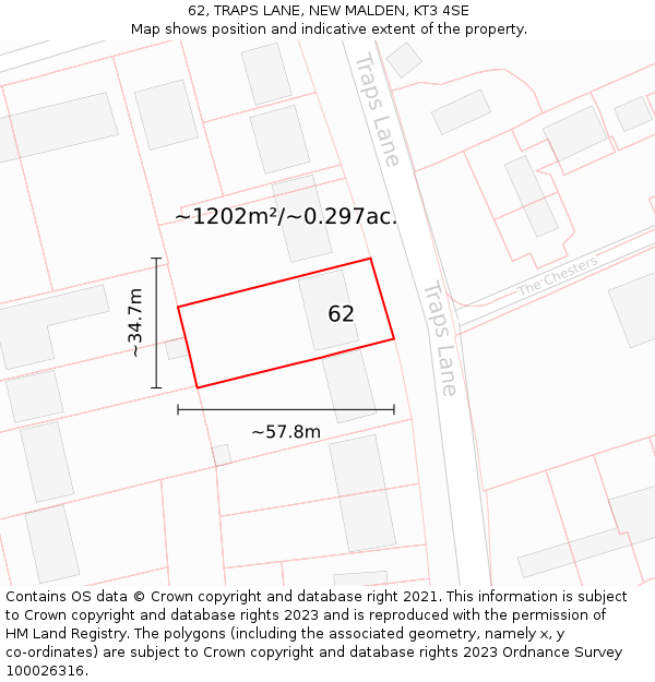 62, TRAPS LANE, NEW MALDEN, KT3 4SE: Plot and title map