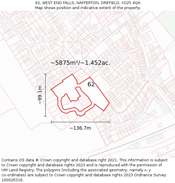 62, WEST END FALLS, NAFFERTON, DRIFFIELD, YO25 4QA: Plot and title map