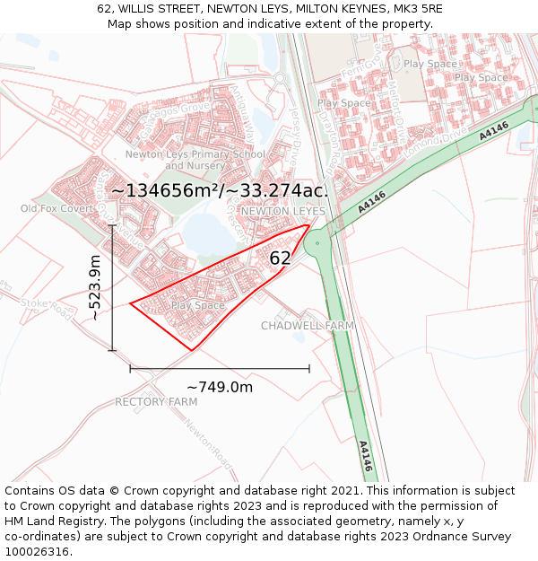 62, WILLIS STREET, NEWTON LEYS, MILTON KEYNES, MK3 5RE: Plot and title map