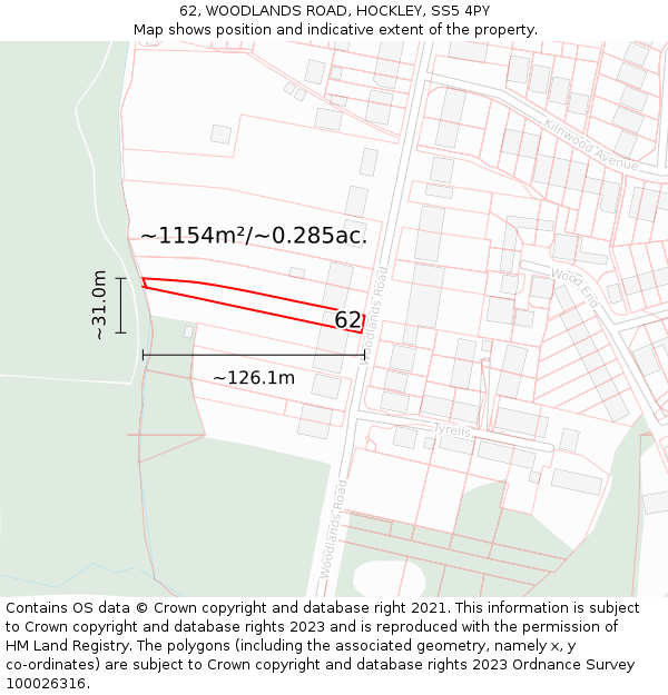 62, WOODLANDS ROAD, HOCKLEY, SS5 4PY: Plot and title map