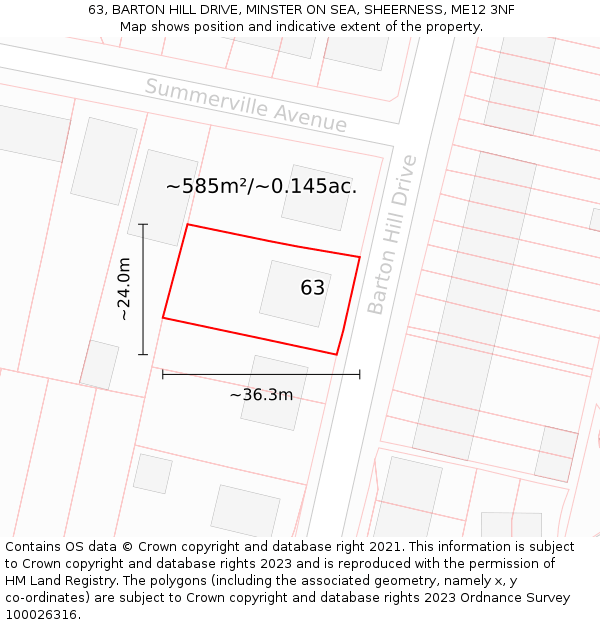 63, BARTON HILL DRIVE, MINSTER ON SEA, SHEERNESS, ME12 3NF: Plot and title map