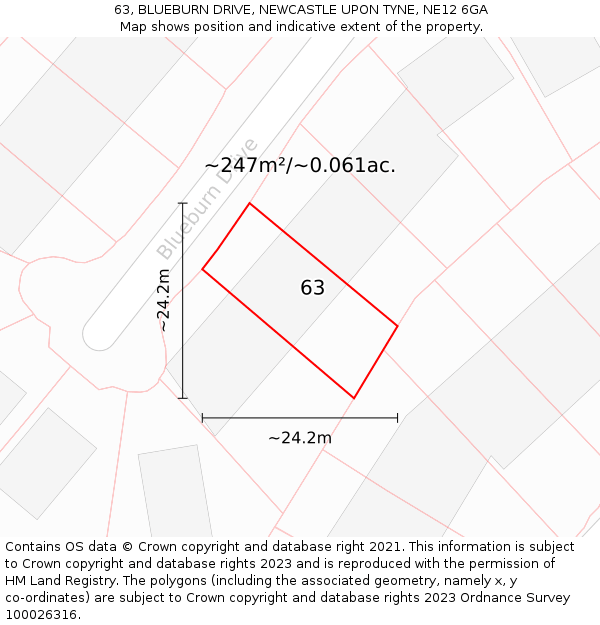 63, BLUEBURN DRIVE, NEWCASTLE UPON TYNE, NE12 6GA: Plot and title map