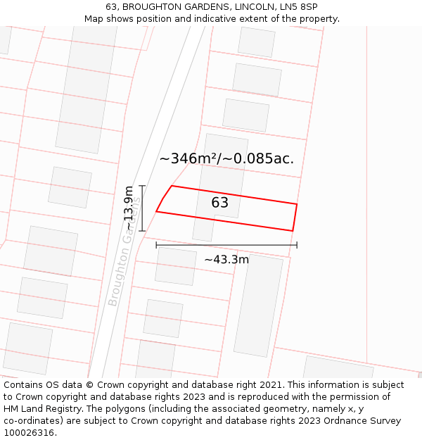 63, BROUGHTON GARDENS, LINCOLN, LN5 8SP: Plot and title map
