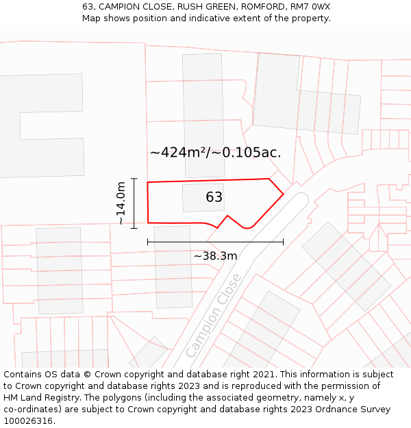 63, CAMPION CLOSE, RUSH GREEN, ROMFORD, RM7 0WX: Plot and title map