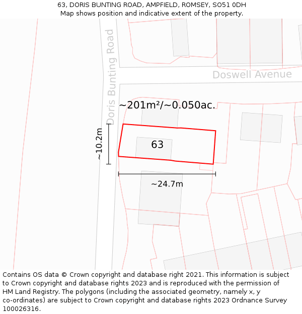 63, DORIS BUNTING ROAD, AMPFIELD, ROMSEY, SO51 0DH: Plot and title map