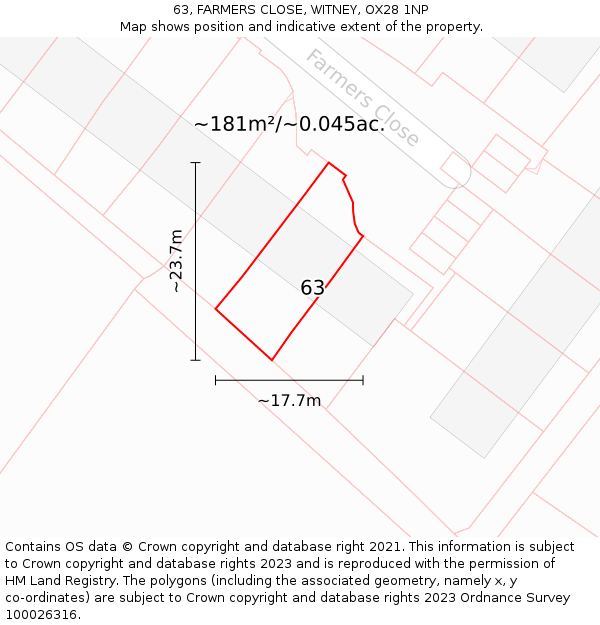 63, FARMERS CLOSE, WITNEY, OX28 1NP: Plot and title map