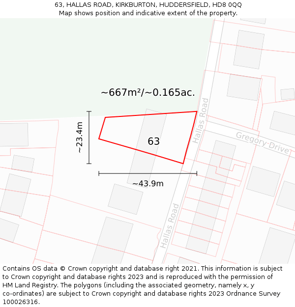 63, HALLAS ROAD, KIRKBURTON, HUDDERSFIELD, HD8 0QQ: Plot and title map