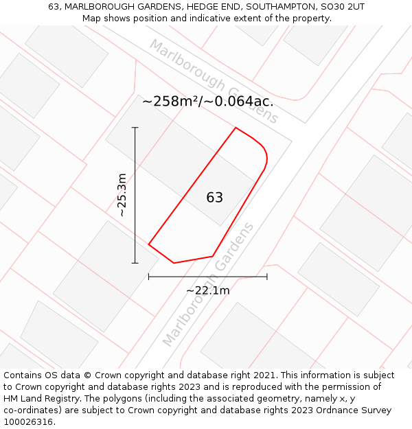 63, MARLBOROUGH GARDENS, HEDGE END, SOUTHAMPTON, SO30 2UT: Plot and title map