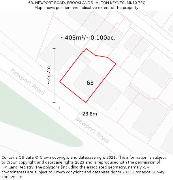 63, NEWPORT ROAD, BROOKLANDS, MILTON KEYNES, MK10 7EQ: Plot and title map