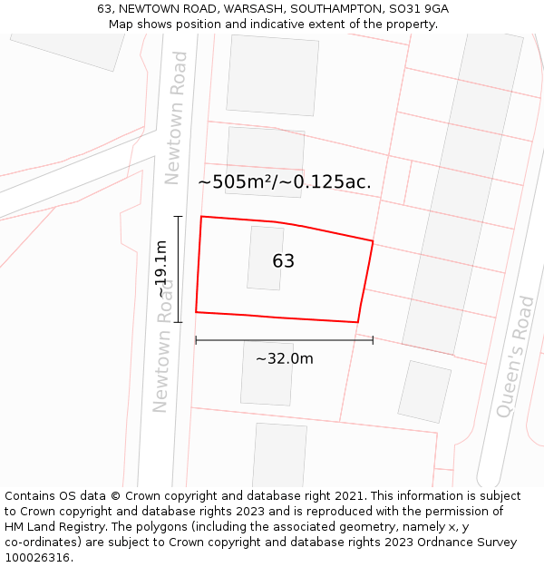 63, NEWTOWN ROAD, WARSASH, SOUTHAMPTON, SO31 9GA: Plot and title map