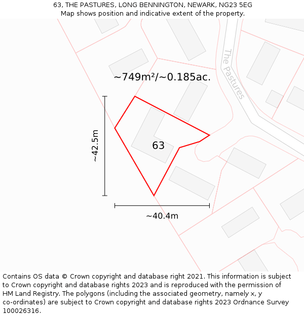 63, THE PASTURES, LONG BENNINGTON, NEWARK, NG23 5EG: Plot and title map