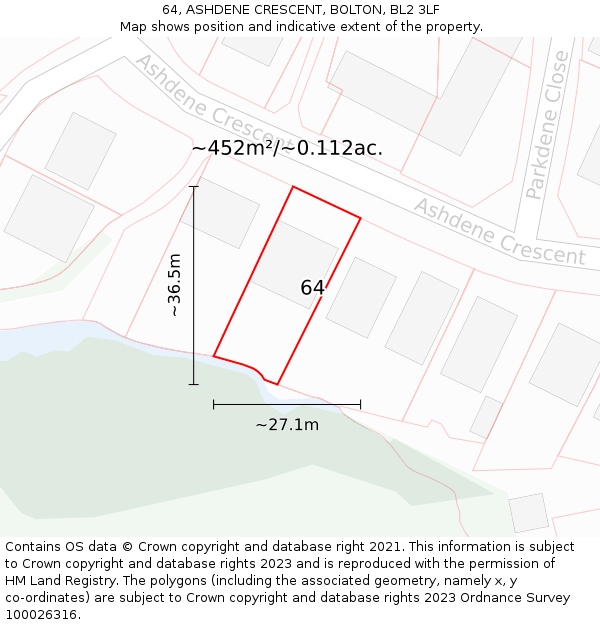 64, ASHDENE CRESCENT, BOLTON, BL2 3LF: Plot and title map